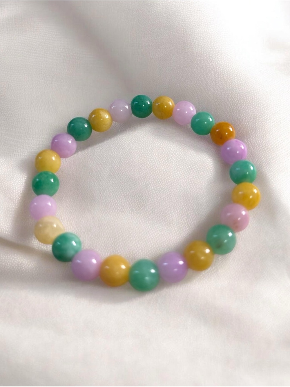 Colorful Jadeite Beaded Stretch Bracelet - Pastel Green, Lavender & Mustard